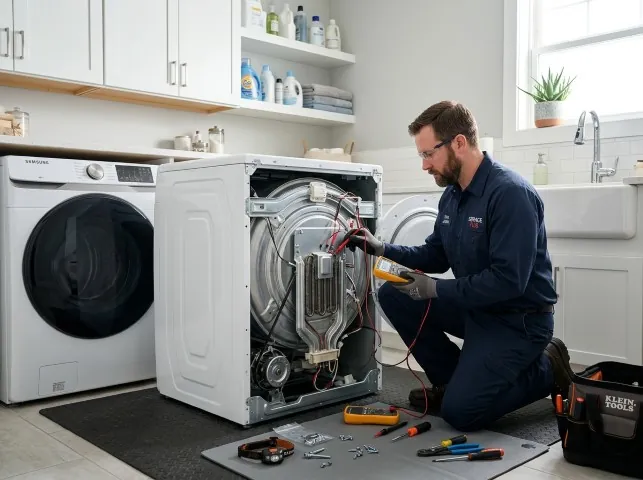 Appliance Repair Hero technician checking a dryer heating element with the rear panel off in Bivins, TX