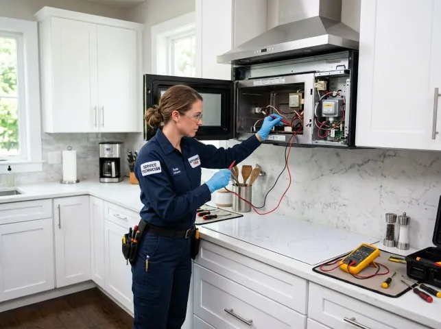Appliance Repair Hero technician testing an over-the-range microwave in a Bivins, TX kitchen