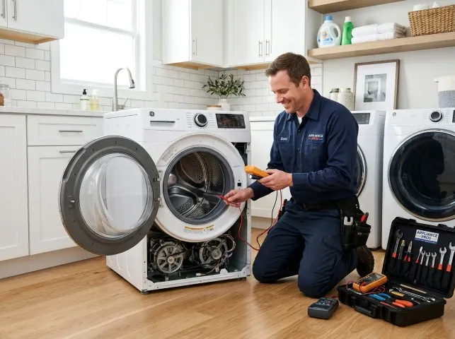 Appliance Repair Hero technician testing a front-load washer with a multimeter on a Bivins, TX service call